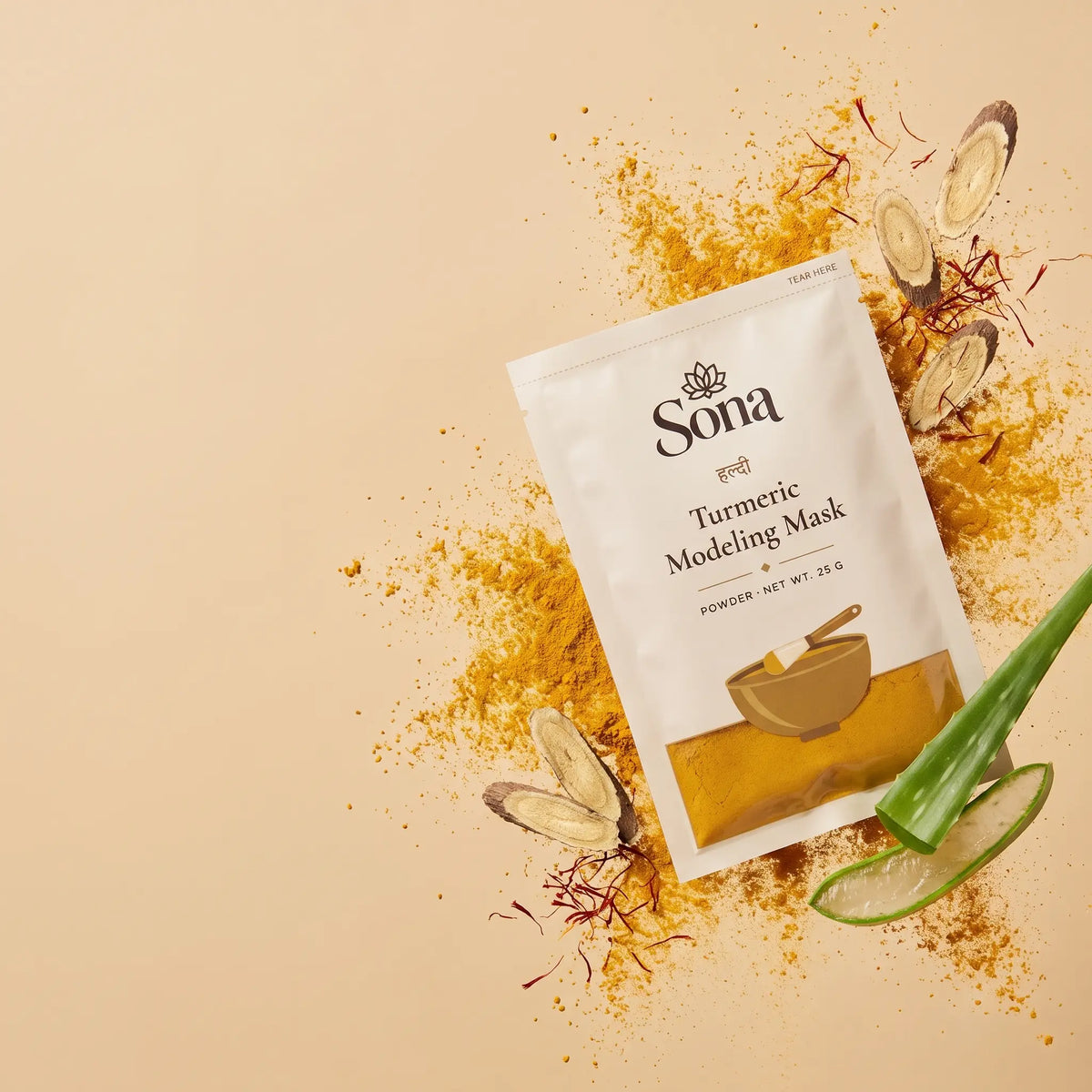Sachet with turmeric powder, saffron, licorice slices and aloe