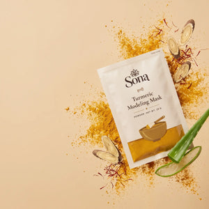 Sachet with turmeric powder, saffron, licorice slices and aloe