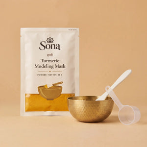 Sona Turmeric Modeling Mask sachet with brass bowl, spatula and measuring scoop